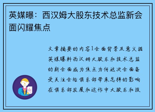 英媒曝：西汉姆大股东技术总监新会面闪耀焦点